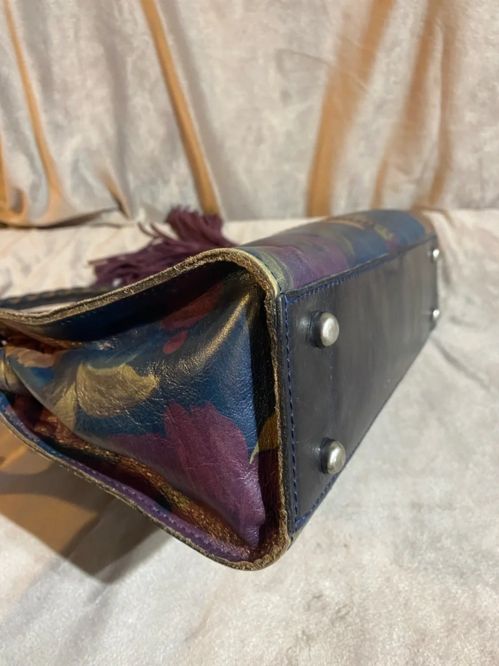 Patricia Nash Rienzo Floral Black Leather Peruvian Painting Shoulder Handbag